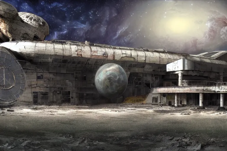 Image similar to matte painting of an outside view of abandoned space station in the deep space