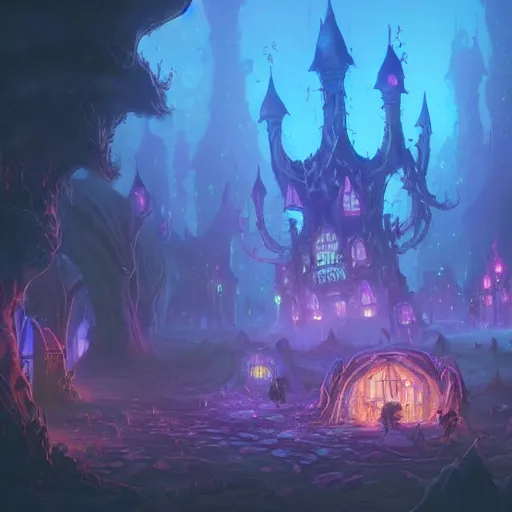 Image similar to concept art detailed painting of a dark purple fantasy fairytale fungal town made of mushrooms, with glowing blue lights, in the style of jordan grimmer and neil blevins and wayne barlowe