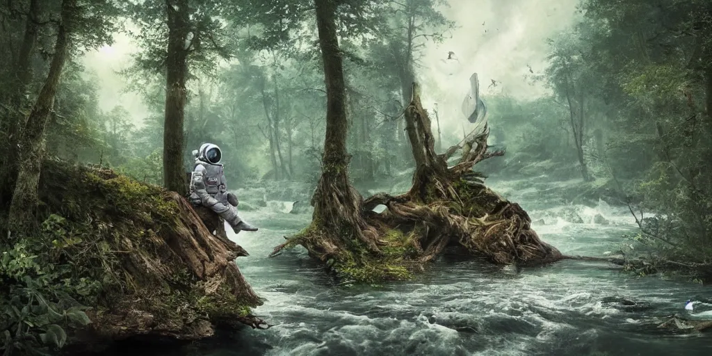 Image similar to an astronaut sitting on a fallen tree by a river in a forest, a detailed matte painting by frieke janssens, featured on cgsociety, fantasy art, matte painting, reimagined by industrial light and magic, matte drawing