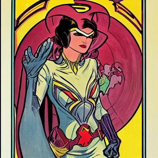 Image similar to a beautiful young woman. she is a superhero, wearing a superhero costume. well composed, clean elegant painting, beautiful detailed face. retro comic book art by steve ditko and jack kirby and ( alphonse mucha )