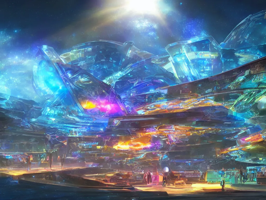 Prompt: full view of triangle shaped casino built into asteroid floating over blue sun covered with colorful glass and force fields, concept art, art station, sci fi