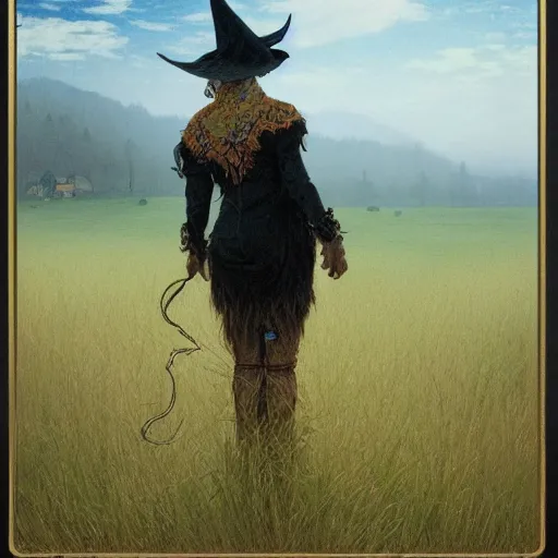 Prompt: a detailed tarot card of a cow standing in a grassy field wearing a witch hat, cow wearing hat!!! viewed in profile and far away, fog in the background, ultrawide lens, aerial photography, black and blue color scheme with gold highlights, art by greg rutkowski and alphonse mucha, artstation, 8 k