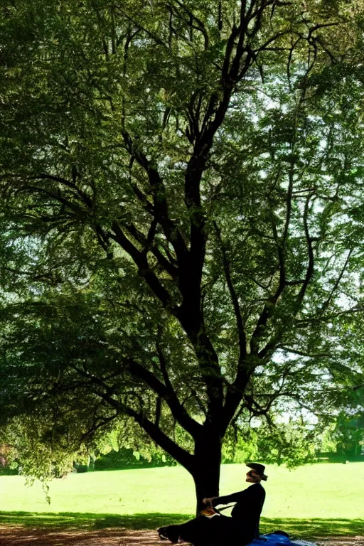 Prompt: a detective from the 5 0's, sitting in a park under a big tree