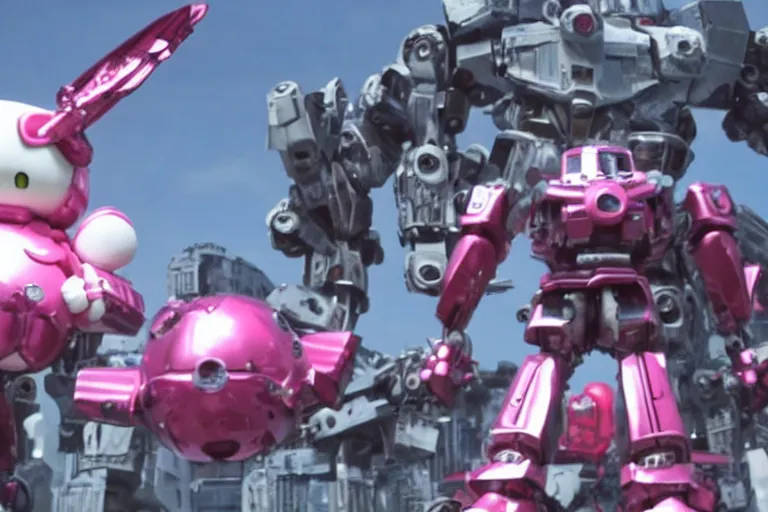 Image similar to 4 k footage from live action sci - fi film about mecha hello kitty, action shot, giant robot hello kitty