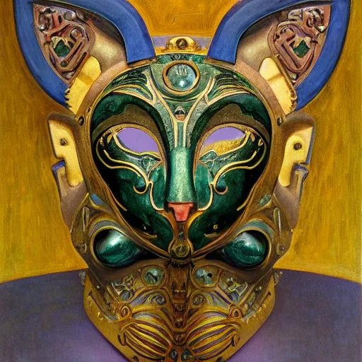 Image similar to beautiful ornate mechanical robot cat head mask, by annie swynnerton and diego rivera and nicholas roerich and jean delville, symbolist, dramatic lighting, god rays, elaborate geometric ornament, art brut, colors are soft greens and blues and purple, smooth, sharp focus, extremely detailed, adolf wolfli and ( donato giancola )