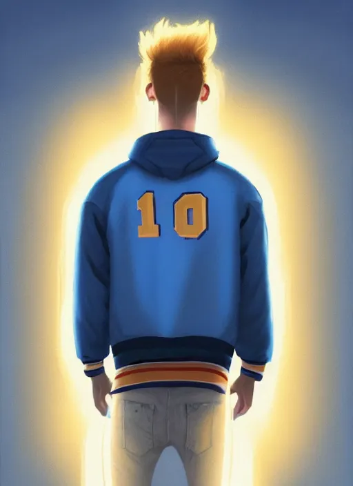 Image similar to portrait of high school senior boy named big moose, blonde short hair, jock, beefy, wide face, square jaw, square facial structure, blue varsity jacket with letter r, intricate, elegant, glowing lights, highly detailed, digital painting, artstation, concept art, sharp focus, illustration, art by wlop, mars ravelo and greg rutkowski