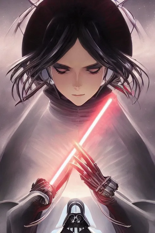 Image similar to anime key visual of a female darth vader goddess!!, intricate, stunning, highly detailed, digital painting, artstation, smooth, hard focus, starwars, sith, dark side, villain, the force, lucas films, illustration, art by artgerm and greg rutkowski and alphonse mucha