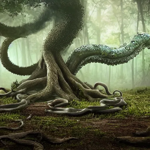 Prompt: A realistic photo of a forest with a kraken coming out of the ground and destroying the trees