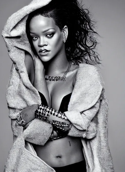 Prompt: rihanna styled by nick knight, annie leibovitz, posing, style, vogue magazine, highly realistic. high resolution. highly detailed. dramatic. 8 k. 4 k.