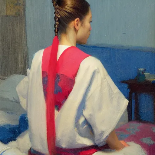 Prompt: girl with pony tail, in kimono, backview, sitting on edge of bed, by jeremy lipking, tim rees, joseph todorovitch, 8 k, sharp, detailed, high quality