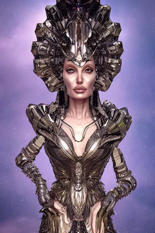 Image similar to a highly detailed 4 k render of a beautiful alien goddess angelina jolie in iris van herpen dress schiaparelli armor in diamonds and lots of jewelry in style of alphonse mucha trending on artstation made in unreal engine 4