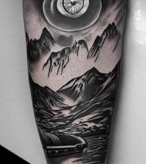 Image similar to tattoo design sketch of pepe the frog, faded background of beautiful mountains and nature on the side, hyper - realistic, in the style of den yakovlev, amazing detail, black and white