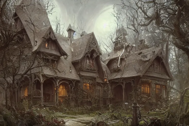 Prompt: painting of an evil witch house in the grim, forest, concept art, intricate details, eerie, highly detailed, photorealistic, octane render, 8 k, unreal engine. art by artgerm and greg rutkowski and alphonse mucha