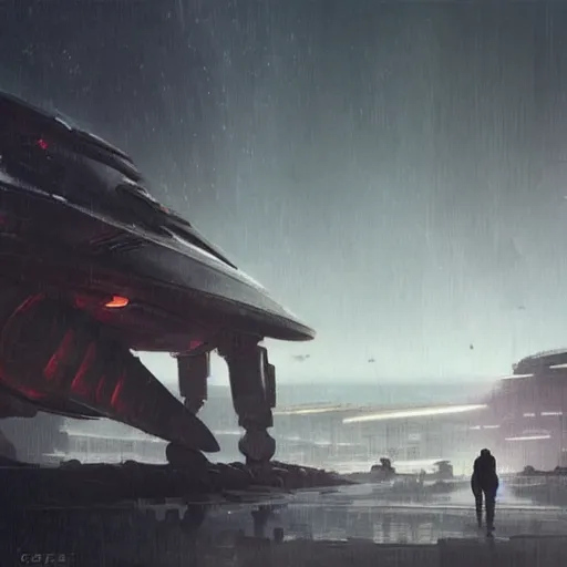 Image similar to scifi art by Greg Rutkowski, a heavy shuttle that is shaped like a brutalist-looking lobster, in the background, the distant silhouettes of a brutalist-looking planetary colony, hostile and desolate landscape, orange ambient light, detailed and intricate environment, high technology, digital painting, artstation, concept art, smooth, sharp foccus ilustration, Artstation HQ.