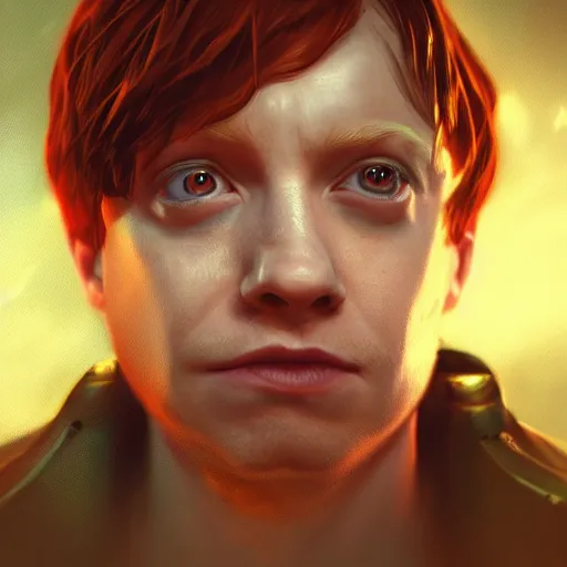 Image similar to An epic fantasy comic book style portrait painting of Rupert Grint, unreal 5, DAZ, hyperrealistic, octane render, cosplay, RPG portrait, dynamic lighting