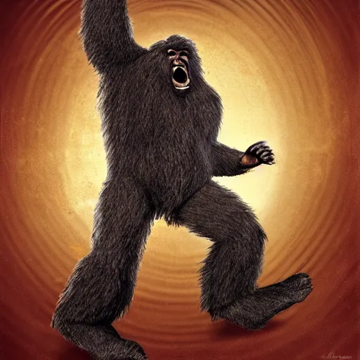 Prompt: A Sasquatch, Big Foot rocking out to heavy-metal-music, dancing and headbanging, digital art