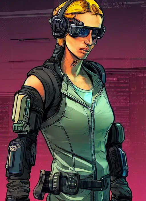 Image similar to Beautiful Maria. Gorgeous female cyberpunk mercenary wearing a cyberpunk headset, military vest, and jumpsuit. gorgeous face. Concept art by James Gurney and Laurie Greasley. Industrial setting. ArtstationHQ. Creative character design for cyberpunk 2077.