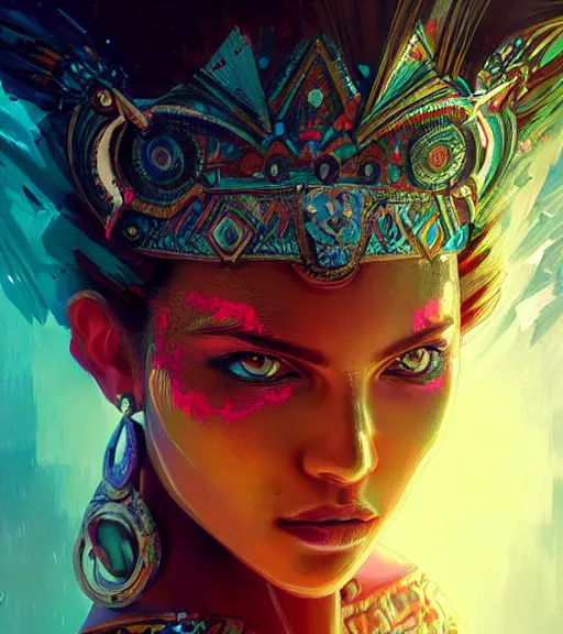 Image similar to beautiful intricate exquisite aztec princess realistic face, beautiful eyes, neon colors, drawing, in the style of greg rutkowski, fantasy, amazing detail, epic, intricate, elegant, smooth, sharp focus