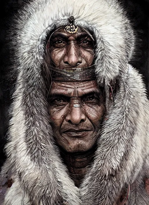 Image similar to portrait, blind Indian shaman wearing giant rabbit skin, watercolor, dramatic lighting, cinematic, establishing shot, extremely high detail, foto realistic, cinematic lighting, pen and ink, intricate line drawings, by Yoshitaka Amano, Ruan Jia, Kentaro Miura, Artgerm, post processed, concept art, artstation, matte painting, style by eddie mendoza, raphael lacoste, alex ross