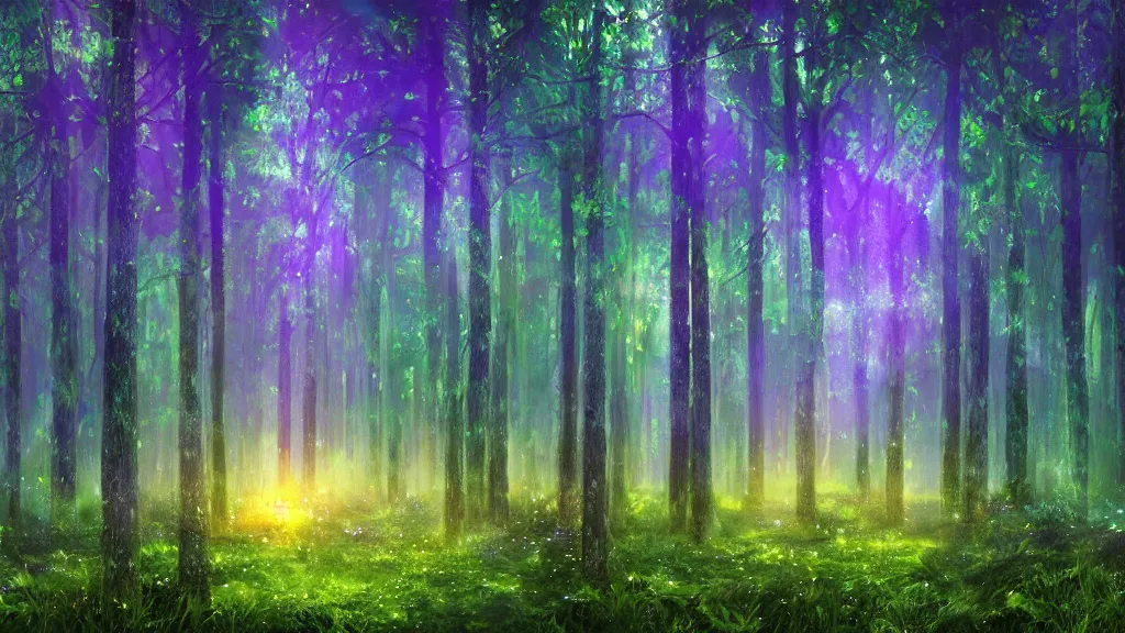 Image similar to portrait of an ethereal evergreen forest made of green and purple light with log cabin made of golden light, divine, cyberspace, mysterious, dark high-contrast concept art