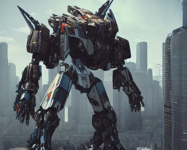 Image similar to a beautiful hyperrealistic ultradetailed 3D render of a gigantic mecha standing behinder the city, by brian sum and stephen martiniere and Antonio Manzanedo. mech, octane render, PBR, 3D, brilliantly colored, intricate, wide angle, volumetric lighting, polished, path tracing