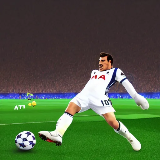 Prompt: A 4k image of Super Mario kicking a soccer ball into the net for the Tottenham hotspurs in the champions league finals
