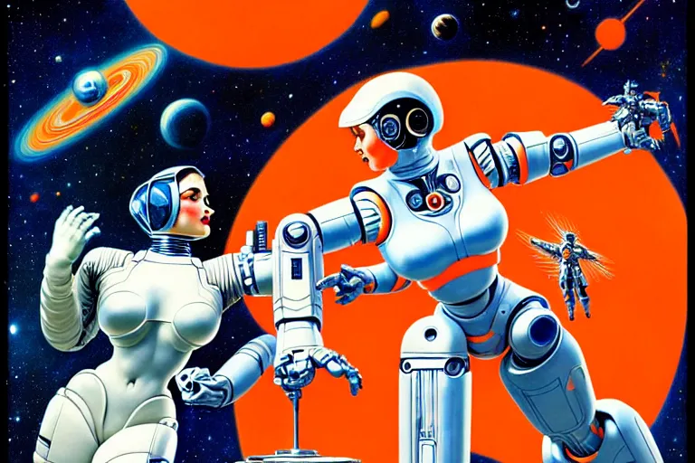 Prompt: a beautiful space angel helping a robot by dan mumford and alberto vargas and josan gonzalez and gil elvgren and william etty and norman rockwell, vibrant, white outfit, highly detailed, intricate, orange details, blue sky, comic lines