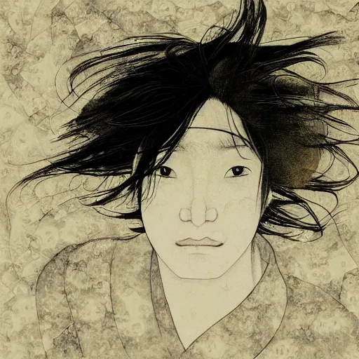 Image similar to Yoshitaka Amano blurred and dreamy illustration of a man with black short hair fluttering in the wind and cracks on his face, abstract black and white patterns on the background, noisy film grain effect, highly detailed, Renaissance oil painting, weird portrait angle