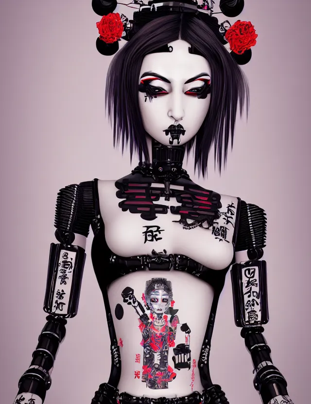 Image similar to full body portrait of a gothic style punk geisha robot with kanji tattoos and decals wearing a digital pixelated kimono, intricate design, photo - realistic, octane render, dark colour palette, ultra fine detailed, character design, trending on artstation