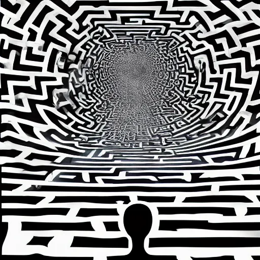 Image similar to optical illusion digital footprint painting of the silhouette of an impatient soul, stuck in a maze, very detailled, lovecraftian, trending on artstation