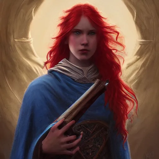 Image similar to red haired teen with a lute and cloak with many pockets with blue flames in background, dramatic, intricate, elegant, highly detailed, digital painting, artstation, concept art, smooth, sharp focus, illustration, octane render, art by Leesha Hannigan, Ross Tran, Thierry Doizon, Kai Carpenter, Ignacio Fernández Ríos