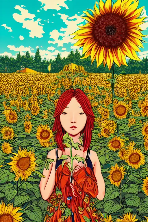 Prompt: yuuka kazami woman standing in a sunflower field, detailed upper body, beautiful face, detailed eyes, by dan mumford, trending on artstation, psychedelic, lsd