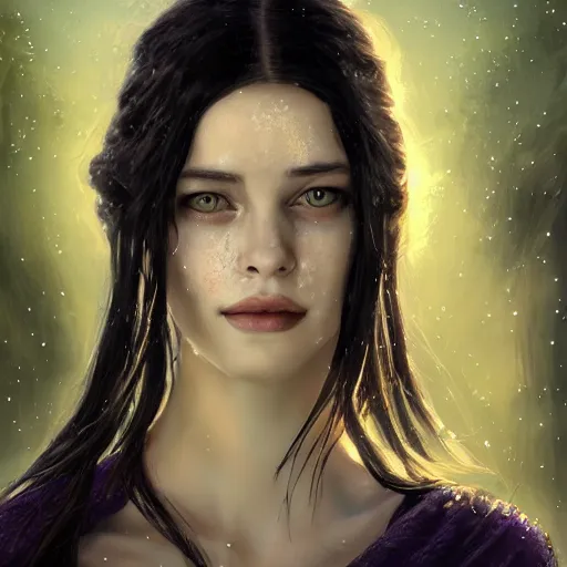 Prompt: Masterpiece! portrait of Arwen, an aesthetic beautiful! realistic black haired priestess, 30 years old woman, looks like young Liv Tyler, lotr , praying, with tears, soft cinematic light, digital painting by WLOP, atmospheric effects, fireflies, 8K, octane render, artstation, deviantart, closer view, dark purple blue tones