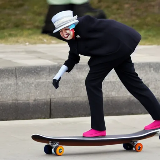 Image similar to queen elizabeth riding a skateboard