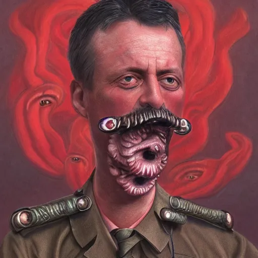 Image similar to igor ivanovich strelkov became an aggressive bloody lovecraftian degenerate worm calling for total mobilization, photo - realistic, color image, 2 k, highly detailed, bodyhorror, occult art