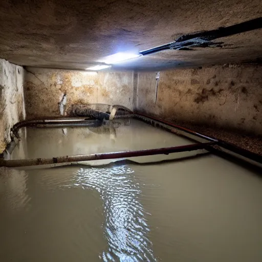 Image similar to underground bunker, flooded, dirty water, rusty pipes