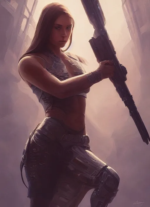 Image similar to upper body portrait of a beautiful maiden holding a futuristic weapon, award winning, masterpiece digital painting by greg rutkowski, alex grey, artstation, 4 k wallpaper,