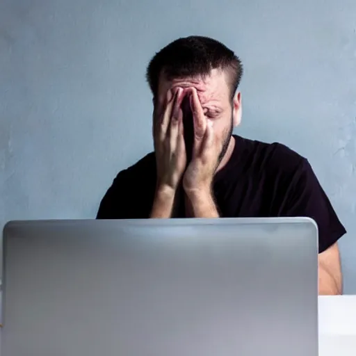 Prompt: A photo of a scared man in front of a computer, realistic, stock photo