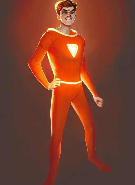 Image similar to kind teenage archie andrews wearing an orange superhero costume, superhero costume with heart emblem, cape, intricate, elegant, glowing lights, highly detailed, digital painting, artstation, sharp focus, illustration, art by wlop, mars ravelo and greg rutkowski