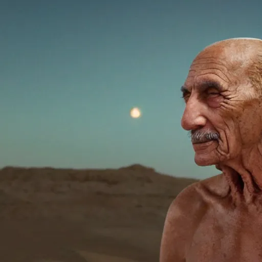 Image similar to film still of 80 year old Mediterranean skinned man in ancient Canaanite looking up at the nighttime sky, Biblical epic directed by Wes Anderson