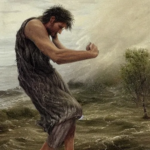 Image similar to The drawing shows a man caught in a storm, buffeted by wind and rain. He clings to a tree for support, but the tree is bent nearly double by the force of the storm. The man's clothing is soaked through and his hair is plastered to his head. His face is contorted with fear and effort. by William Trost Richards natural