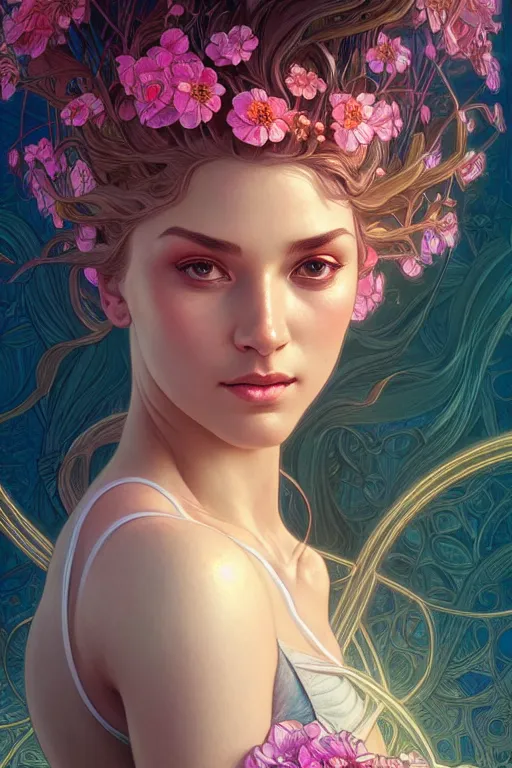 Image similar to beautiful female android!, half portrait, neon flowers, intricate detailed environment, cell shaded, floro details, intricate, elegant, highly detailed, digital painting, artstation, concept art, smooth, sharp focus, illustration, art by artgerm and greg rutkowski and alphonse mucha