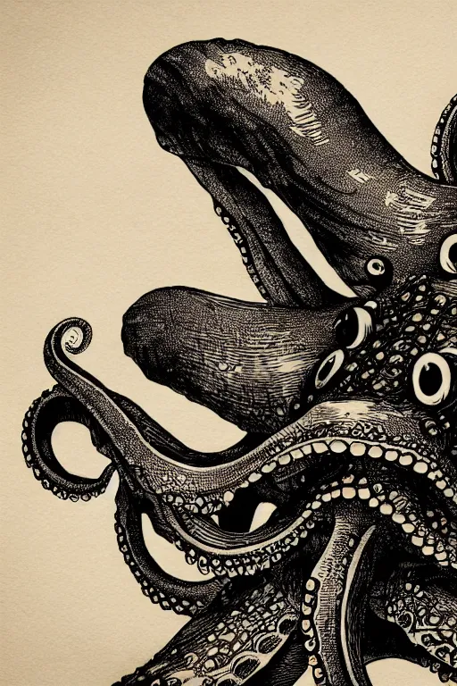 Prompt: a beautiful wood engraving on paper of a defensive octopus, 8 k, frostbite 3 engine, cryengine, dof, trending on artstation, digital art, crepuscular ray