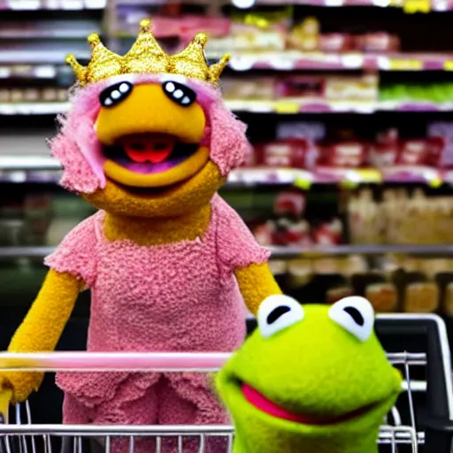 Image similar to muppet pig wearing a gold crown shopping at a grocery store 8k