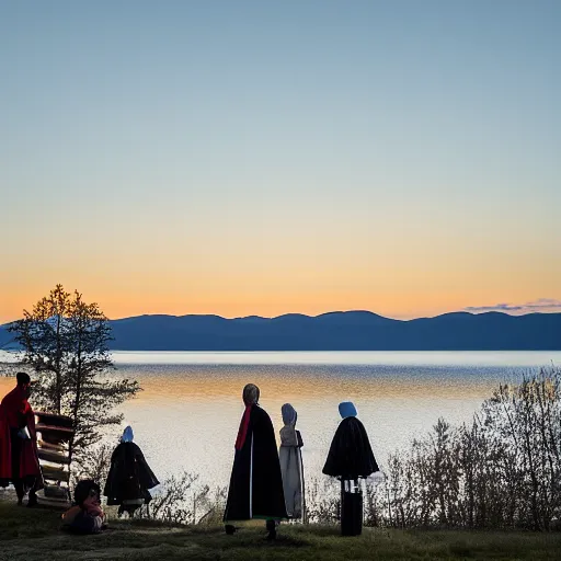 Prompt: ”An photo showing a view of Lake Siljan and people in folk costumes in the foreground, golden hour, sigma 55”