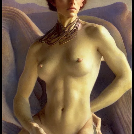 Image similar to masterpiece full body portrait of a beautiful Fremen woman with a perfect body on Dune, by Edgar Maxence and Ross Tran and Michael Whelan and Gustav Klimpt