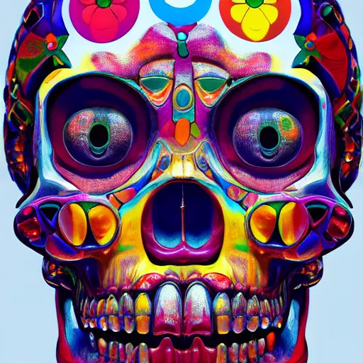 Prompt: colourful upper half portrait of an santeria crystal skull art by takashi murakami, highly detailed, digital painting, ray tracing, concept art, illustration, smooth sharp focus, intricate, symmetry, artstation,