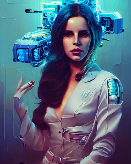 Image similar to portrait of lana del rey as a cyborg. intricate abstract. intricate artwork, by tooth wu, wlop, beeple, dan mumford. concept art, octane render, trending on artstation, greg rutkowski very coherent symmetrical artwork. cinematic, key art, hyper realism, high detail, octane render, 8 k, iridescent accents