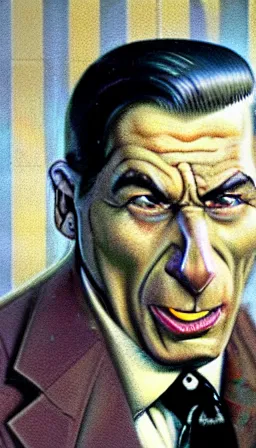 Prompt: very angry vince mcmahon sneezing in the style of norman rockwell, satanic, photorealistic, realistic proportions, digital illustration, evil, trending on artstation, award - winning