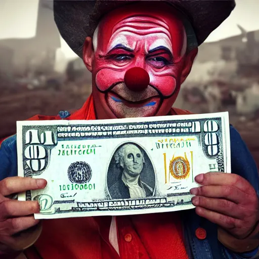 Image similar to A clown holding a dollar banknote, background is a slum, cinematic, epic, highly-detailed, photo realistic